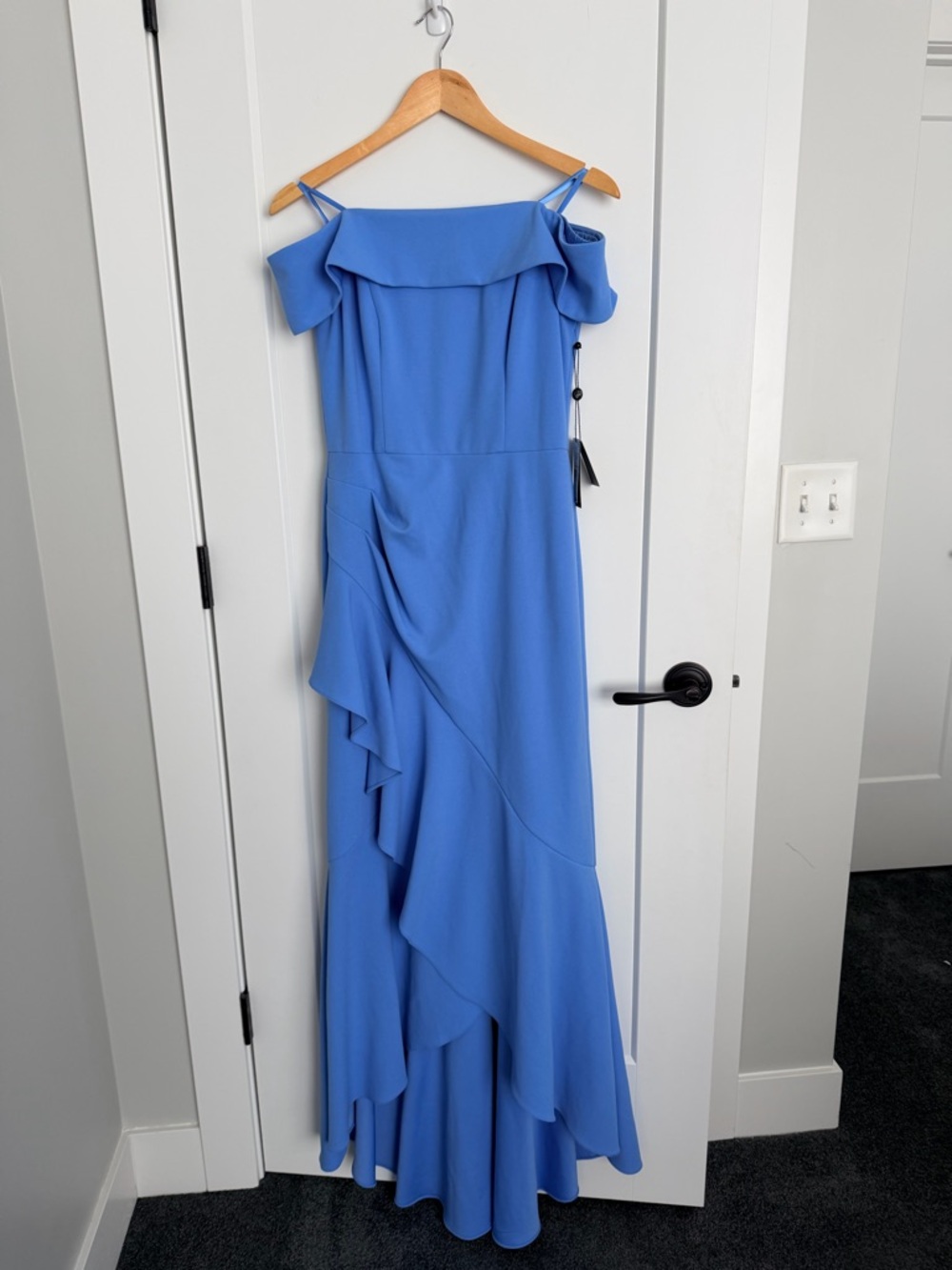 Adrianna Papell OFF-THE-SHOULDER CREPE HIGH-LOW GOWN WITH RUFFLE IN ELEGANT BLUE - Picture 6 of 7